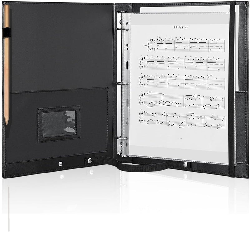 MUDOR Premium Choral Muisc Folder, PU Choir Folder with Hand Strap and Internal Retention Strap,3 Ring Black Choir Binder for Musician, Singer, Stage Performance - Image 1